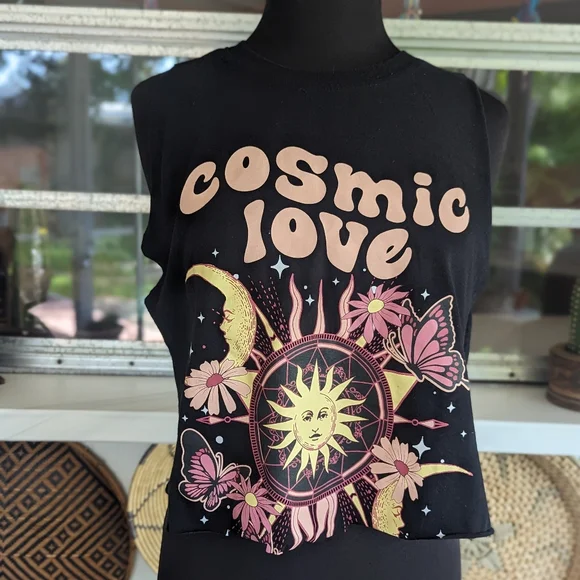 Cosmic Love M Graphic Boxy Crop Custom Cut Cropped Tank Top Hippie Celestial - Picture 9 of 10